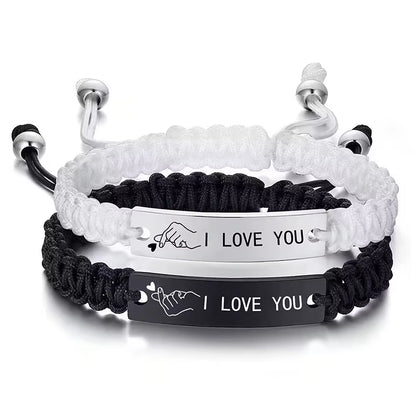 2 PCS I Love You Finger Heart Stainless Steel Couple Bracelet Black White Woven Bracelets for Lovers Valentine Gifts