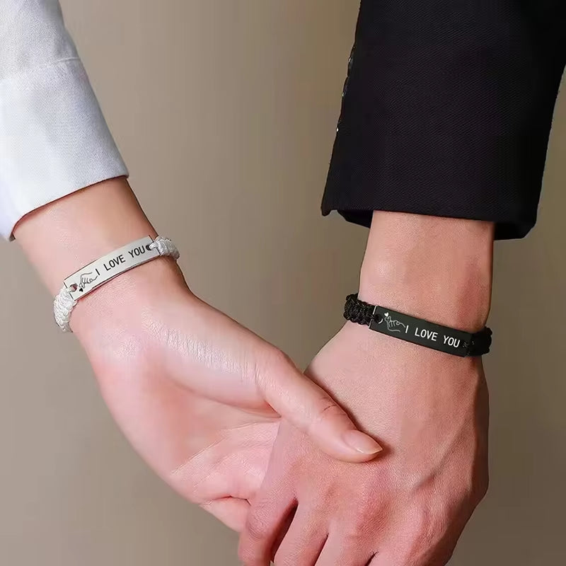 2 PCS I Love You Finger Heart Stainless Steel Couple Bracelet Black White Woven Bracelets for Lovers Valentine Gifts